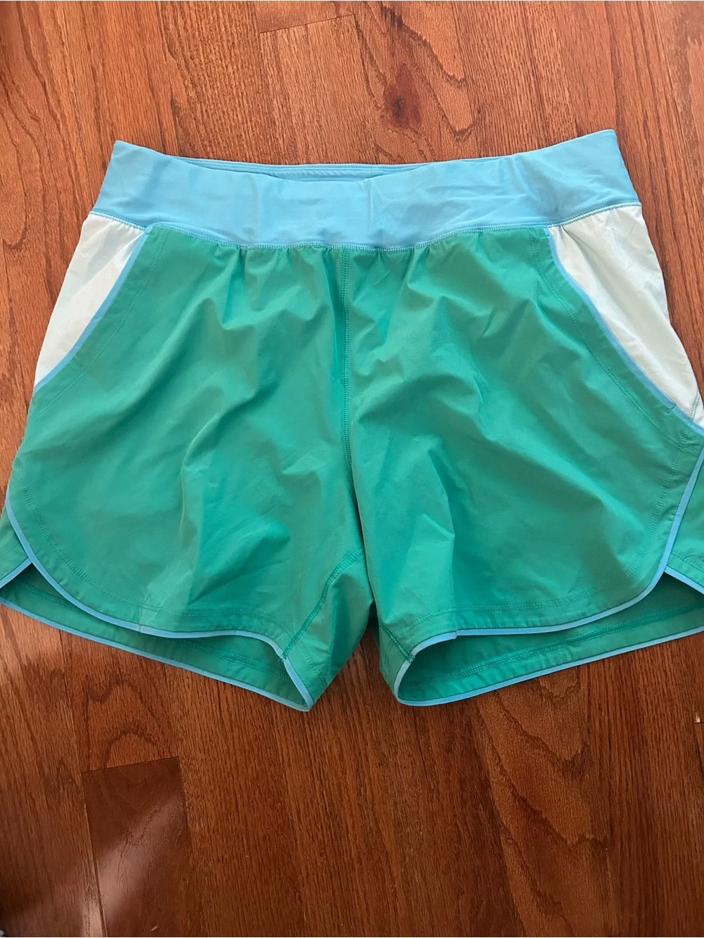 Lands' End Colorblock Teal White Light Blue Athletic Shorts 80s Retro 14